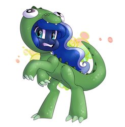Size: 1024x1039 | Tagged: safe, artist:hollybright, princess luna, dinosaur, pony, g4, animal costume, animal onesie, clothes, costume, cute, dinosaur costume, female, kigurumi, looking at you, onesie, simple background, solo