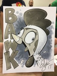 Size: 768x1024 | Tagged: safe, artist:andypriceart, pinkie pie, earth pony, pony, g4, andy you magnificent bastard, animal costume, bawk, chicken pie, chicken suit, clothes, costume, derp, partial color, pinkie being pinkie, pinkie derp, traditional art