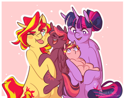 Size: 826x652 | Tagged: safe, artist:nutter-meg, sunset shimmer, twilight sparkle, oc, oc:jovian, oc:north star, alicorn, pony, unicorn, g4, alternate hairstyle, cute, eyes closed, family, family photo, female, laughing, lesbian, magical lesbian spawn, mare, offspring, one eye closed, parent:sunset shimmer, parent:twilight sparkle, parents:sunsetsparkle, ship:sunsetsparkle, shipping, tongue out, twilight sparkle (alicorn), wink