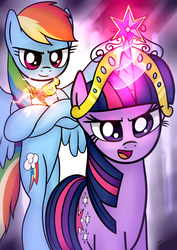 Size: 2480x3507 | Tagged: safe, artist:twidasher, rainbow dash, twilight sparkle, pegasus, pony, unicorn, g4, big crown thingy, bipedal, crossed arms, crossed hooves, duo, element of loyalty, element of magic, female, flying, high res, jewelry, lesbian, magic, mare, regalia, ship:twidash, shipping, unicorn twilight