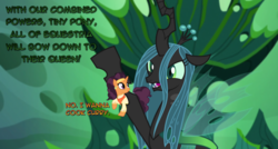 Size: 1310x700 | Tagged: safe, edit, edited screencap, screencap, queen chrysalis, saffron masala, changeling, changeling queen, pony, unicorn, g4, to where and back again, chrysalis' throne, dialogue, micro, tiny ponies