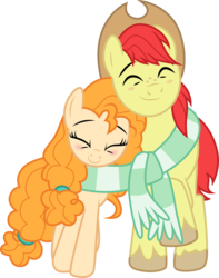 Size: 3001x3810 | Tagged: safe, artist:cloudy glow, bright mac, pear butter, earth pony, pony, g4, the perfect pear, .ai available, clothes, cowboy hat, eyes closed, female, hat, high res, male, mare, scarf, shared clothing, shared scarf, ship:brightbutter, shipping, simple background, smiling, stallion, stetson, straight, striped scarf, transparent background, unshorn fetlocks, vector
