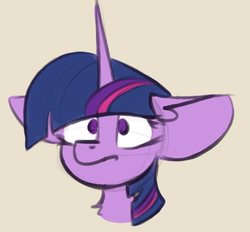 Size: 535x497 | Tagged: safe, artist:marsminer, twilight sparkle, pony, unicorn, g4, big ears, bust, cute, female, floppy ears, fluffy, frown, mare, portrait, simple background, solo, yellow background