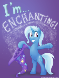 Size: 3000x4000 | Tagged: safe, artist:stinkehund, part of a set, trixie, pony, unicorn, g4, belly button, bipedal, clothes, cute, female, fluffy, glitter, gradient background, hat, looking at you, mare, purple background, smiling, solo, trixie's hat