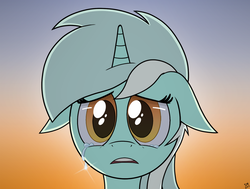 Size: 1337x1010 | Tagged: safe, artist:manual-monaro, lyra heartstrings, pony, unicorn, g4, bust, crying, cute, d:, female, floppy ears, gradient background, looking at you, lyrabetes, open mouth, portrait, sad, single tear, sky, solo, sunset