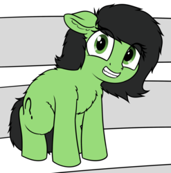 Size: 2180x2205 | Tagged: safe, artist:smoldix, oc, oc only, oc:filly anon, earth pony, pony, chest fluff, ear fluff, faggot dog, female, filly, floppy ears, fluffy, grin, looking at you, shoulder fluff, simple background, smiling, solo, stairs, transparent background