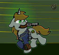 Size: 679x629 | Tagged: safe, artist:littletigressda, oc, oc only, oc:littlepip, pony, unicorn, fallout equestria, clothes, cutie mark, fanfic, fanfic art, female, floppy ears, gun, handgun, hooves, horn, jumpsuit, little macintosh, mare, mouth hold, optical sight, pipbuck, revolver, simple background, solo, vault suit, weapon