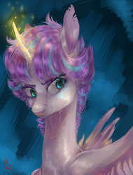 Size: 1024x1345 | Tagged: safe, artist:coconuthound, princess flurry heart, alicorn, pony, g4, bust, female, frown, glowing horn, horn, magic, older flurry heart, portrait, scar, short hair, solo, torn ear