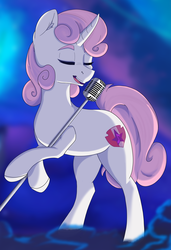 Size: 7800x11400 | Tagged: safe, artist:lula-moonarts, sweetie belle, pony, unicorn, g4, absurd resolution, curved horn, cutie mark, eyes closed, female, horn, mare, microphone, older, rearing, singing, smiling, solo, the cmc's cutie marks