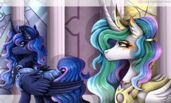 Size: 2400x1452 | Tagged: safe, artist:monnarcha, princess celestia, princess luna, alicorn, pony, g4, alternate design, armor, colored wings, crown, curved horn, eyeshadow, female, hoers, horn, jewelry, makeup, mare, multicolored wings, regalia, royal sisters, sisters