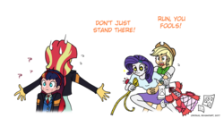 Size: 956x504 | Tagged: safe, artist:crydius, applejack, rarity, sunset shimmer, oc, oc:gamma, android, gynoid, robot, comic:meet gamma, equestria girls, g4, and then there's rarity, angry, blocking, clothes, crossover, cute, dress, fashion, female, fly you fools, holding, holding back, implied lesbian, implied scitwishimmer, implied shipping, magical lesbian spawn, measuring tape, needle, needles, offspring, paper, parent:sci-twi, parent:sunset shimmer, parents:scitwishimmer, pincushion, protecting, question mark, scientific lesbian spawn, sewing needle, simple background, sweat, sweatdrop, this will end in fashion, transparent background, wingding eyes, yelling