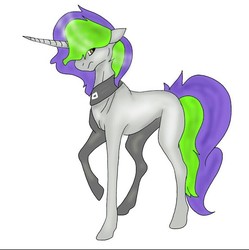 Size: 738x740 | Tagged: safe, artist:maydeathdousapart, oc, oc only, oc:frenzy nuke, pony, unicorn, collar, female, simple background, standing, white background