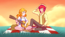 Size: 1280x720 | Tagged: safe, artist:jonfawkes, bright mac, pear butter, human, g4, the perfect pear, acoustic guitar, clothes, couple, cowboy hat, female, guitar, hat, humanized, male, musical instrument, scene interpretation, ship:brightbutter, shipping, smiling, stetson, straight