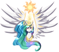 Size: 3000x2619 | Tagged: safe, artist:sonicsonic1, princess celestia, alicorn, pony, g4, bust, cutie mark, female, glowing horn, high res, horn, mare, simple background, smiling, solo, spread wings, transparent background, wings