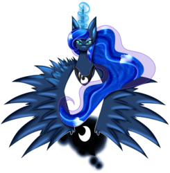 Size: 2778x2838 | Tagged: safe, artist:sonicsonic1, princess luna, alicorn, pony, g4, bust, cutie mark, female, glowing horn, high res, horn, lidded eyes, simple background, solo, spread wings, transparent background, wings