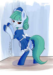 Size: 4961x7016 | Tagged: safe, artist:muffinkarton, oc, oc only, oc:persephone, earth pony, pony, ponyvania: order of equestria, absurd resolution, against wall, bipedal, bipedal leaning, butt, castlevania, clothes, dress, featureless crotch, female, hat, leaning, looking back, maid, mare, persephone, plot, ponified, shoes, solo, stockings, thigh highs