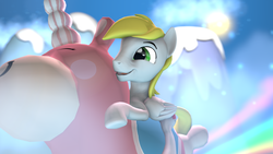 Size: 3840x2160 | Tagged: safe, artist:fiopon, oc, oc only, pony, 3d, balloonicorn, cloud, cute, flying, high res, inflatable, male, rainbow, riding, sky, source filmmaker, stallion