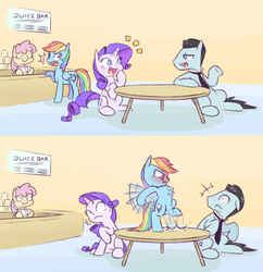 Size: 982x1016 | Tagged: safe, artist:raridashdoodles, bruce mane, rainbow dash, rarity, earth pony, pegasus, pony, unicorn, g4, 2 panel comic, :<, :t, behaving like a bird, bipedal, bisexual, blushing, c:, chest fluff, comic, eyes closed, female, flapping, floppy ears, frown, hoof hold, intimidating, jealous, laughing, leaning, lesbian, lidded eyes, male, mare, nervous, nose wrinkle, open mouth, overprotective, overreaction, puffed chest, puffy cheeks, raised hoof, scared, scrunchy face, ship:raridash, shipping, shrunken pupils, sitting, slice of life, smiling, spread wings, stallion, stomping, sweat, sweatdrop, table, talking, wide eyes, wings