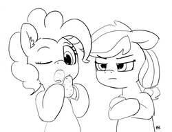Size: 1280x979 | Tagged: safe, artist:pabbley, applejack, pinkie pie, earth pony, pegasus, pony, g4, applejack is not amused, bipedal, crossed arms, floppy ears, food, monochrome, one eye closed, pear, simple background, that pony sure does hate pears, unamused, white background