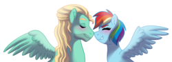 Size: 1280x459 | Tagged: safe, artist:cascayd, rainbow dash, zephyr breeze, pony, g4, alternate hairstyle, blushing, cute, dashabetes, female, male, nose to nose, nuzzling, profile, ship:zephdash, shipping, simple background, smiling, smirk, spread wings, straight, white background, wings, zephyrbetes