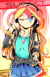 Size: 786x1215 | Tagged: safe, artist:banzatou, sunset shimmer, human, g4, belt, clothes, cute, female, geode of empathy, headphones, humanized, jacket, leather jacket, looking at you, magical geodes, moe, one eye closed, shirt, skirt, smiling, solo, wink