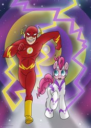 Size: 1024x1436 | Tagged: safe, artist:lavenderrain24, fili-second, pinkie pie, pony, g4, crossover, power ponies, the flash