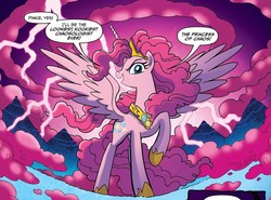 Size: 1230x911 | Tagged: safe, artist:tony fleecs, idw, official comic, pinkie pie, alicorn, pony, g4, official, spoiler:comic, spoiler:comic57, adventure in the comments, alicornified, altered cutie mark, amy mebberson, comic panel, equestria is doomed, evil smile, female, god has come to reap the sinners, hoof shoes, it finally happened, it's over, oh no, peytral, pinkiecorn, princess of chaos, princess pinkie pie, race swap, raised hoof, run for your lives, smiling, smirk, solo, spread wings, the end is neigh, this will end in chaos, this will end in tears, we are all gonna die!, well we're boned, when you see it, wings, xk-class end-of-the-universe scenario, xk-class end-of-the-world scenario, yes