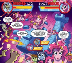 Size: 1078x944 | Tagged: safe, artist:tonyfleecs, idw, official comic, big boy the cloud gremlin, discord, pinkie pie, alicorn, cloud gremlins, draconequus, pony, g4, spoiler:comic, spoiler:comic57, alicornified, castle, female, magic, male, mare, pinkiecorn, princess of chaos, race swap, video game, xk-class end-of-the-world scenario