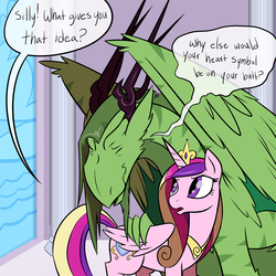 Size: 1280x1280 | Tagged: safe, artist:professor-ponyarity, princess cadance, oc, oc:rye, alicorn, dragon, feathered dragon, pony, g4, cheek fluff, confused, dialogue, drunk, ear fluff, eyes closed, female, fluffy, frown, leg fluff, lovebutt, mare, smiling, speech bubble, spread wings, tumblr comic, wavy mouth, window, wing fluff, wings