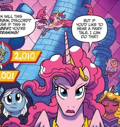 Size: 528x557 | Tagged: safe, artist:tony fleecs, idw, official comic, big boy the cloud gremlin, discord, pinkie pie, alicorn, cloud gremlins, pony, g4, spoiler:comic, spoiler:comic57, alicornified, female, hoers, mare, pinkiecorn, princess of chaos, race swap, video game, xk-class end-of-the-world scenario