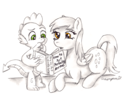 Size: 1322x1143 | Tagged: safe, artist:anonpencil, derpy hooves, spike, dragon, pegasus, pony, g4, book, comedy, female, fimfiction, mare, monochrome, partial color, pencil drawing, reading, sketch, traditional art