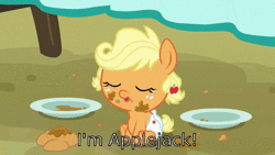 Size: 1280x720 | Tagged: safe, edit, edited screencap, screencap, applejack, fluttershy, earth pony, pegasus, pony, apple family reunion, g4, the best night ever, albuquerque, animated, apple fritter (food), babyjack, female, foal, food, mare, sound, webm, weird al yankovic, you're going to love me