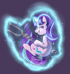 Size: 1178x1255 | Tagged: safe, artist:mangoshibi, starlight glimmer, pony, g4, the cutie map, evil grin, female, glowing horn, grin, horn, levitation, looking at you, magic, s5 starlight, self-levitation, simple background, smiling, solo, staff, staff of sameness, telekinesis