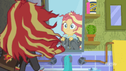 Size: 800x450 | Tagged: safe, screencap, sunset shimmer, eqg summertime shorts, equestria girls, g4, monday blues, animated, bed hair, female, finger gun, finger guns, gif, majestic as fuck, mane 'n tail, solo, sunset's apartment