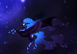 Size: 800x564 | Tagged: safe, artist:systemf4ilure, nightmare moon, alicorn, pony, g4, angry, armor, bat wings, female, mare, rearing, solo, space