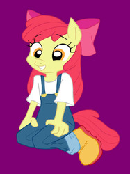 Size: 499x667 | Tagged: safe, artist:dertikleen, apple bloom, earth pony, anthro, plantigrade anthro, g4, clothes, female, overalls, simple background, sitting, smiling, solo