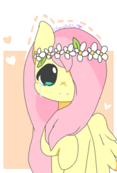 Size: 904x1336 | Tagged: safe, artist:chametzkiwi, fluttershy, pony, g4, bust, crying, female, floral head wreath, flower, hair over one eye, looking at you, portrait, solo, teary eyes, wings