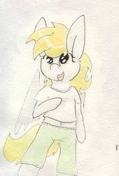 Size: 692x1015 | Tagged: safe, artist:slightlyshade, derpy hooves, pony, g4, belly button, bipedal, clothes, female, midriff, short shirt, solo, traditional art