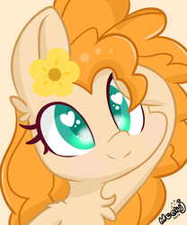 Size: 5000x6000 | Tagged: safe, artist:meowmavi, pear butter, earth pony, pony, g4, the perfect pear, absurd resolution, cute, female, flower, flower in hair, heart eyes, mare, pearabetes, simple background, smiling, solo, style emulation, wingding eyes