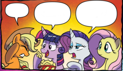 Size: 1032x600 | Tagged: safe, artist:tonyfleecs, edit, applejack, fluttershy, rarity, twilight sparkle, alicorn, pony, g4, idw, spoiler:comic, spoiler:comic57, food, popcorn, template, twilight sparkle (alicorn)