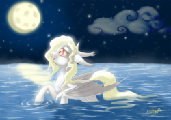 Size: 1000x705 | Tagged: safe, artist:unisoleil, oc, oc only, oc:albi light wing, bat pony, pony, albino, female, mare, moon, night, prone, solo, water