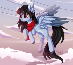 Size: 2600x2300 | Tagged: safe, artist:ten-dril, oc, oc only, pegasus, pony, clothes, colored wings, female, flying, high res, mare, multicolored wings, power line, scarf, solo, unshorn fetlocks, ych result