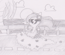 Size: 923x779 | Tagged: safe, artist:threetwotwo32232, fluttershy, butterfly, pegasus, pony, g4, cassette player, drink, female, headphones, mare, monochrome, newbie artist training grounds, pencil drawing, road, solo, sunglasses, traditional art