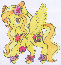 Size: 1832x1956 | Tagged: safe, artist:emypony, oc, oc only, oc:denise dayspring, pegasus, pony, flower, flower in hair, long mane, long tail, solo, traditional art, yellow