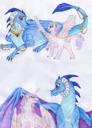 Size: 4824x6744 | Tagged: safe, artist:dawn22eagle, princess ember, princess flurry heart, alicorn, classical unicorn, dragon, pony, unicorn, g4, absurd resolution, blushing, cloven hooves, duo, embarrassed, emberheart, female, filly, horn, jewelry, leonine tail, lesbian, older, older ember, older flurry heart, regalia, shipping, spread wings, tail, tail feathers, traditional art, unshorn fetlocks, wings