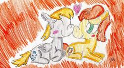 Size: 855x473 | Tagged: safe, artist:ptitemouette, carrot top, derpy hooves, golden harvest, pony, g4, female, heart, lesbian, ship:derpytop, shipping, traditional art