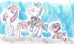 Size: 1390x826 | Tagged: safe, artist:ptitemouette, fancypants, fleur-de-lis, oc, oc:bow tie, pony, g4, dirty, family, female, filly, male, mud, offspring, parent:fancypants, parent:fleur-de-lis, parents:fancyfleur, ship:fancyfleur, shipping, straight, this will end in tears, traditional art