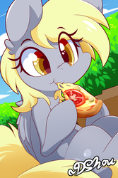 Size: 904x1355 | Tagged: safe, artist:dshou, derpy hooves, pegasus, pony, g4, cute, derpabetes, ear fluff, eating, female, folded wings, food, hoof hold, nom, pizza, scrunchy face, solo, sweet dreams fuel, underp
