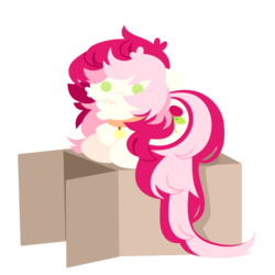Size: 1100x1100 | Tagged: safe, artist:kotoink, roseluck, earth pony, pony, g4, :3, behaving like a cat, box, cardboard box, cheek fluff, chest fluff, chibi, collar, commissioner:doom9454, cute, digital art, female, fluffy, mare, pet tag, pony pet, prone, rosepet, simple background, smiling, solo, transparent background