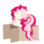 Size: 1100x1100 | Tagged: safe, artist:kotoink, roseluck, earth pony, pony, g4, :3, behaving like a cat, box, cardboard box, cheek fluff, chest fluff, chibi, collar, commissioner:doom9454, cute, digital art, female, fluffy, mare, pet tag, pony pet, prone, rosepet, simple background, smiling, solo, transparent background